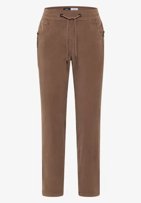 Braune, gerade Hose mit elastischem Bund, Tunnelzug und seitlichen Reißverschlusstaschen.
