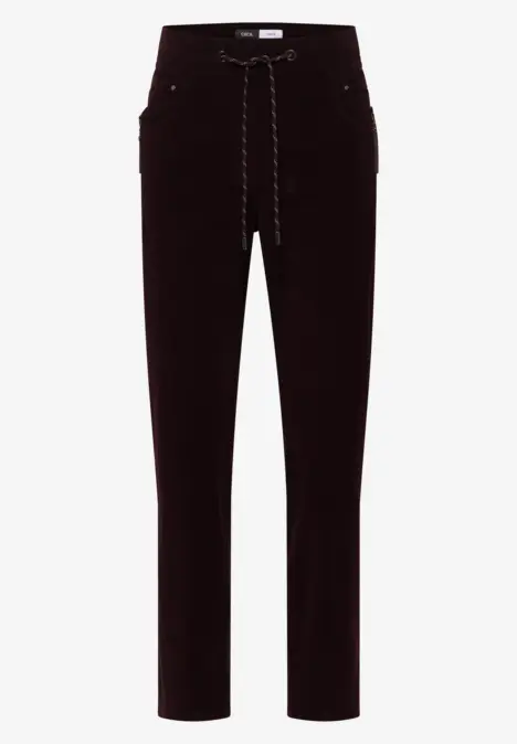 Dunkle Cordhose mit Kordelzug in der Taille, gerader Schnitt und seitlichen Eingrifftaschen.