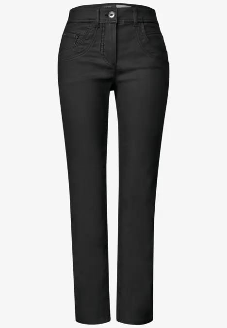Schwarze, gerade geschnittene Jeanshose mit hohem Bund und Knopfverschluss.