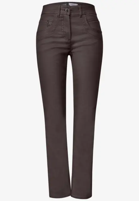 Dunkle, gerade geschnittene Damenjeans mit hohem Bund und schmalem Bein.