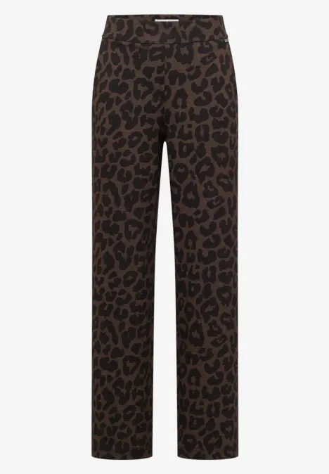 Pantalon femme marron à imprimé léopard intégral avec coupe droite.