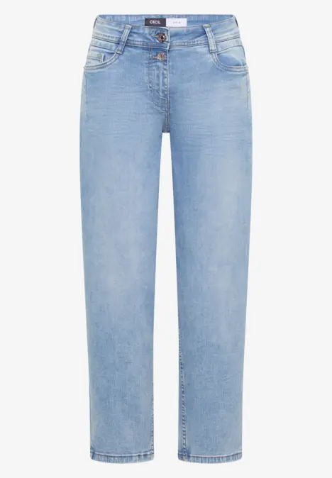 Helle, gerade geschnittene Jeans mit mittlerer Taille und fünf Taschen.