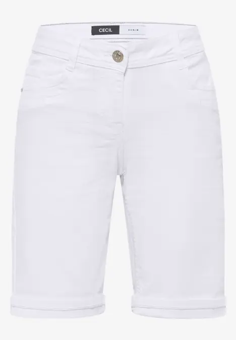 Weiße Damen-Bermuda-Shorts mit Umschlagsaum, Knopfverschluss und Taschen.