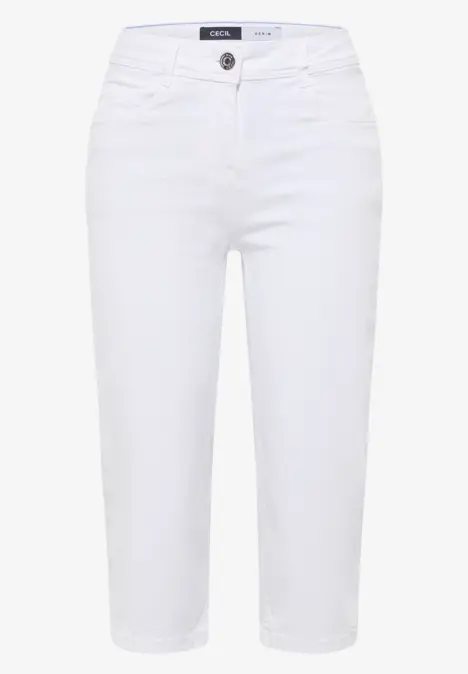 Weiße Capri-Jeans mit Knopf- und Reißverschluss, schlichtes Design.