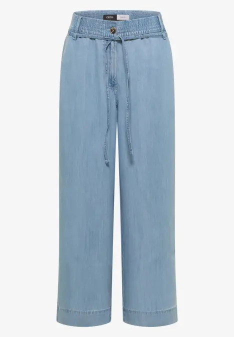 Hellblaue, weite Jeanshose mit hoher Taille, Kordelzug und geradem Bein.