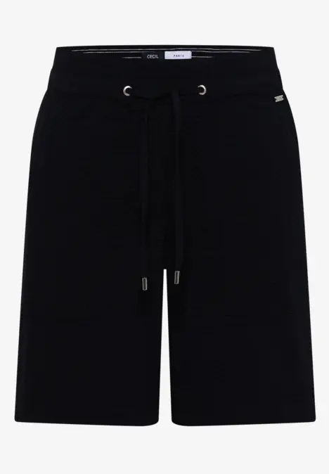 Schwarze, knielange Shorts mit elastischem Bund und Kordelzug.