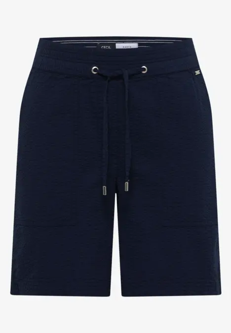 Dunkelblaue Bermudashorts mit elastischem Bund, Kordelzug und leicht strukturierter Oberfläche.