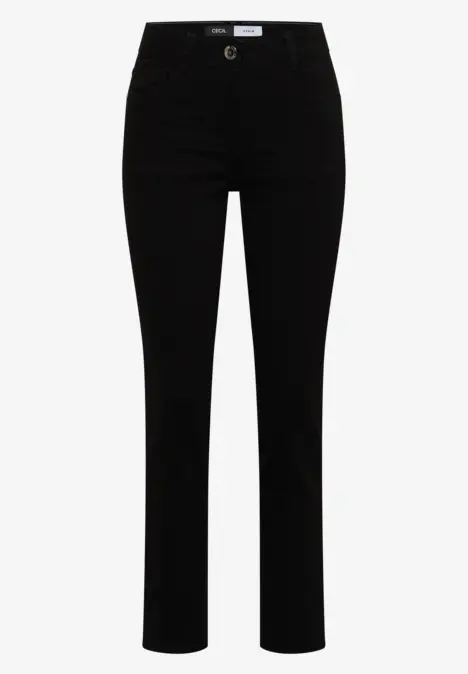 Schwarze, gerade geschnittene Hose mit hohem Bund und Knopf- und Reißverschluss vorne.
