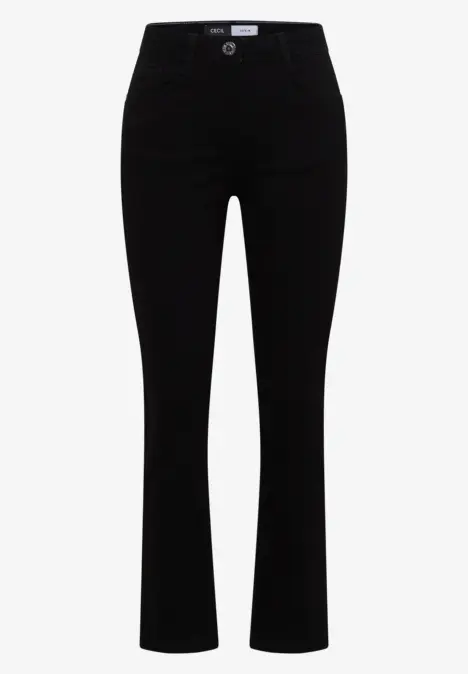 Schwarze, schmal geschnittene Damenhose mit leicht ausgestelltem Bein und hohem Bund