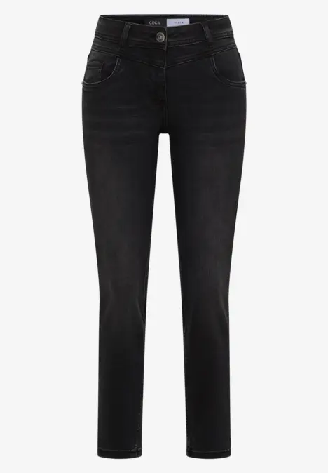 Jean noir pour femme à coupe droite, cinq poches et fermeture boutonnée.
