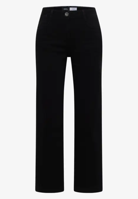 Pantalon noir taille haute, coupe ample et jambe droite, design épuré pour un style polyvalent.
