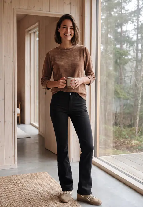 Eine Frau steht in einem Holzhaus, hält eine Tasse und lächelt.