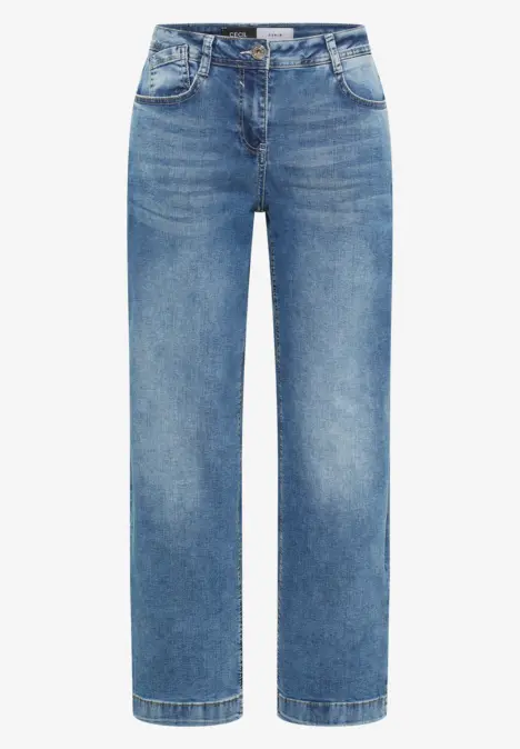 Lockere, gerade geschnittene blaue Denim-Jeans mit klassischem Fünf-Taschen-Design und mittlerer Waschung.