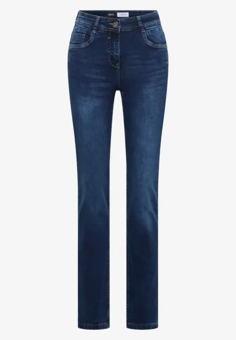 Dunkelblaue, gerade geschnittene Jeans mit klassischem Five-Pocket-Design und normaler Taille.