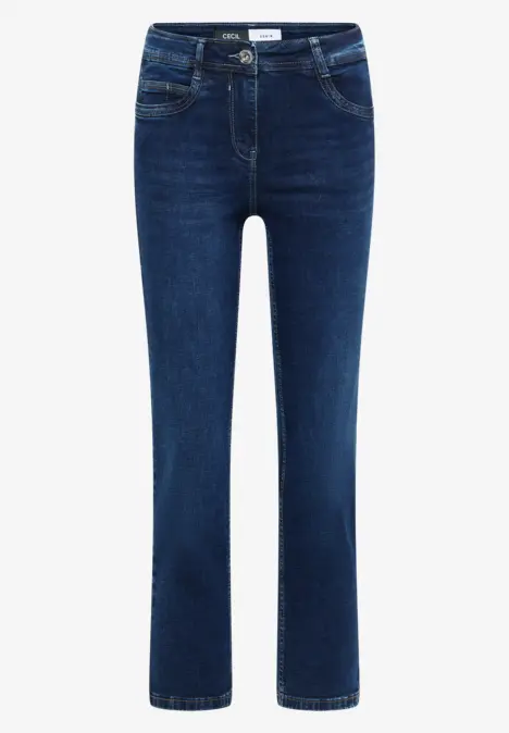 Dunkelblaue Jeans mit geradem Schnitt und fünf Taschen, schlichtes Design.