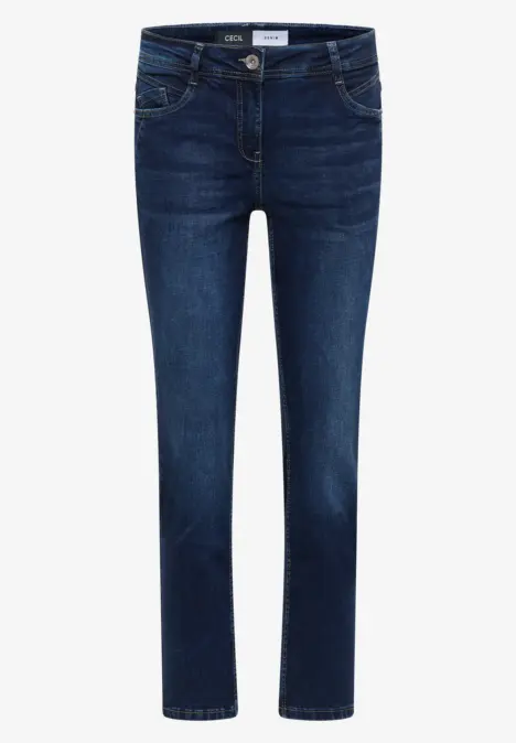 Dunkelblaue, schmal geschnittene Jeans mit fünf Taschen und Knopf- und Reißverschluss.