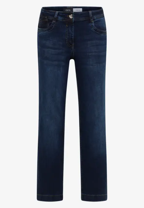 Dunkelblaue Jeans mit geradem Bein, fünf Taschen und Knopfverschluss.