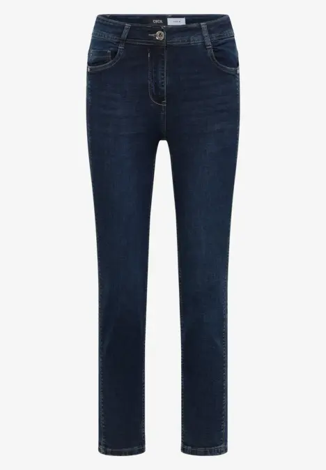 Dunkelblaue Damenjeans mit geradem Schnitt und klassischem Five-Pocket-Design.