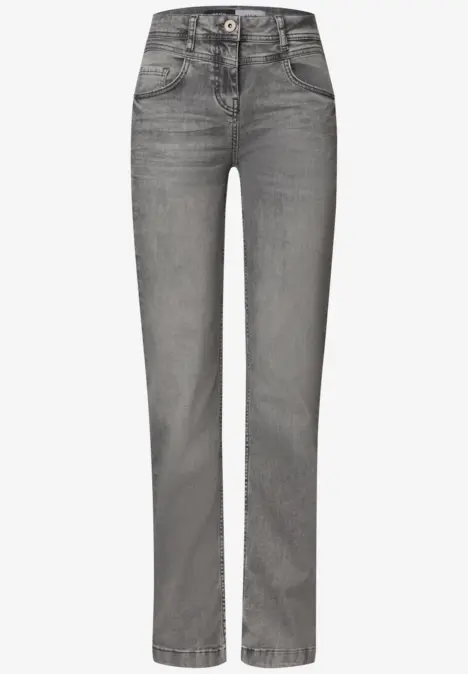 Graue Jeans mit geradem Schnitt, klassischer 5-Pocket-Optik und Knopf-Reißverschluss.