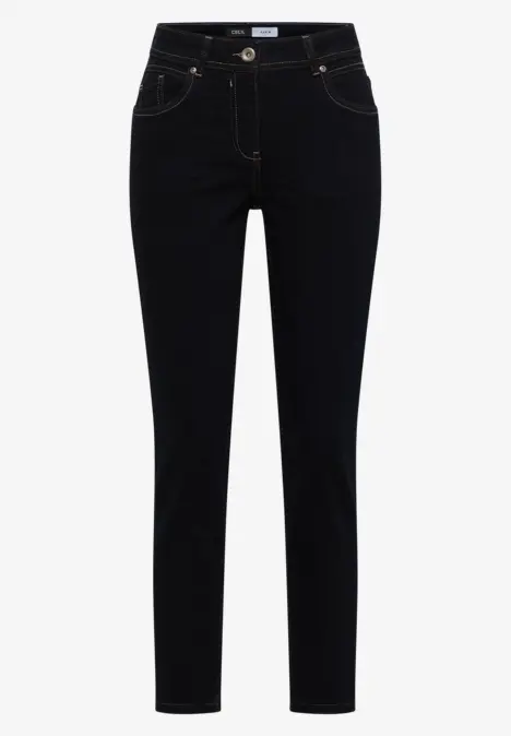 Jean slim noir taille haute, coupe ajustée avec poches avant et coutures contrastées.