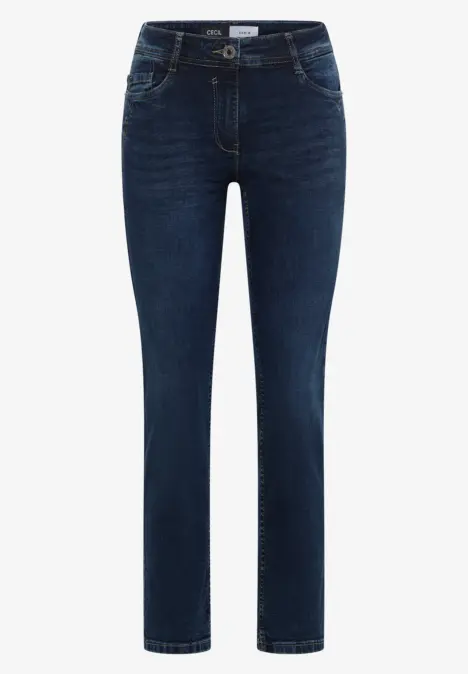 Jean femme bleu foncé, coupe droite, poches classiques.