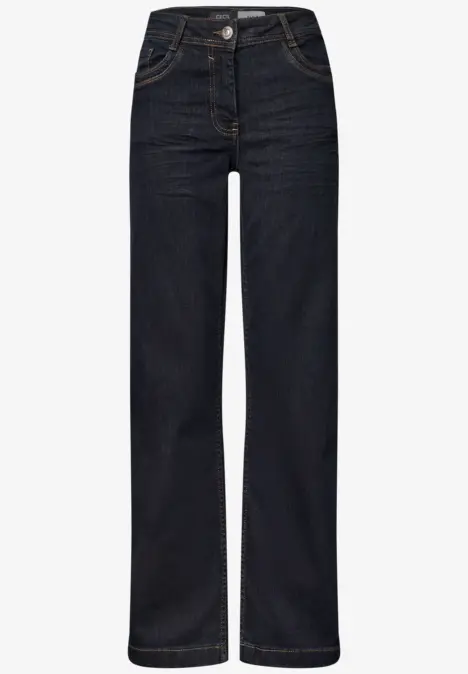 Dunkle, gerade geschnittene Jeans mit Knopf- und Reißverschluss, hoher Taille und klassischer Taschenanordnung