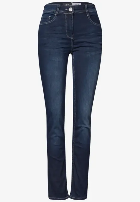 Dunkelblaue High-Waist-Jeans mit schmalem Schnitt und klassischen 5-Pocket-Details.