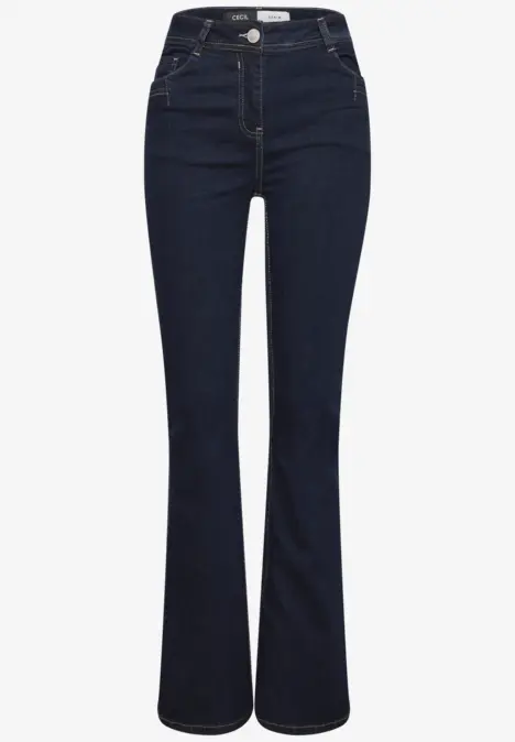 Dunkelblaue Jeans mit hohem Bund und ausgestelltem Bein im Vintage-Stil.