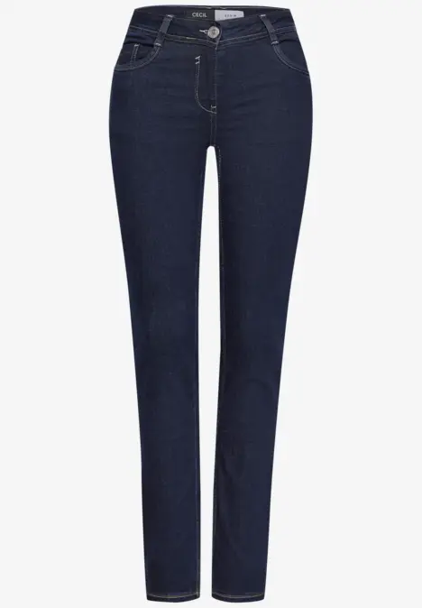 Dunkelblaue Damenjeans in geradem Schnitt mit fünf Taschen und mittlerer Taille.