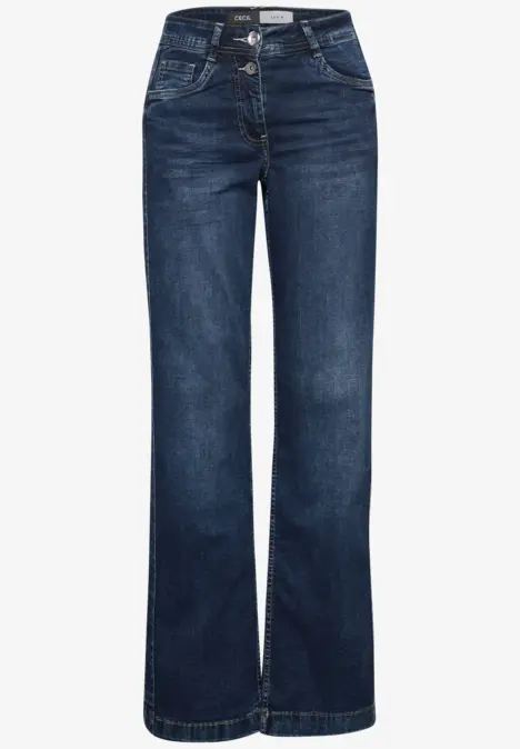 Dunkelblaue Jeans mit weitem Bein, hoher Taille und klassischem Fünf-Taschen-Design.