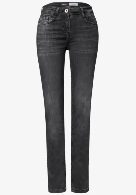 Schwarze, gerade geschnittene Jeans mit hoher Taille und klassischem Knopf- und Reißverschluss.