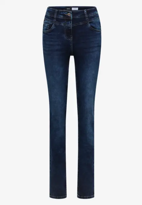 Dunkelblaue Jeans mit geradem Schnitt, klassischem Five-Pocket-Design und knöchellanger Passform.