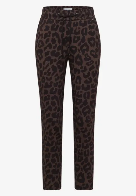 Pantalon décontracté à coupe droite, taille élastique, imprimé léopard marron sur fond noir.