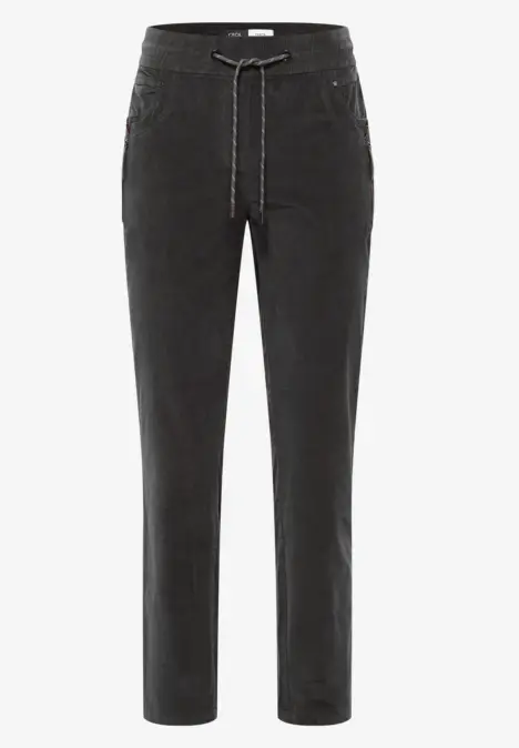 Schwarze Jeans mit hohem Bund, Kordelzug und geradem Bein.