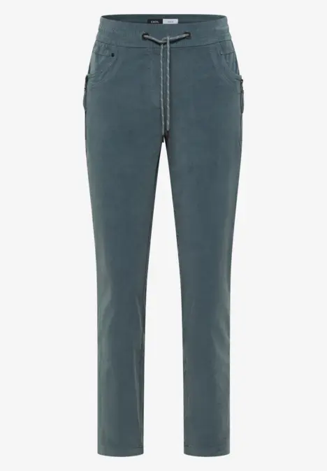 Dunkelgraue Hose mit Gummizug, Tunnelzugbund und seitlichen Eingrifftaschen.