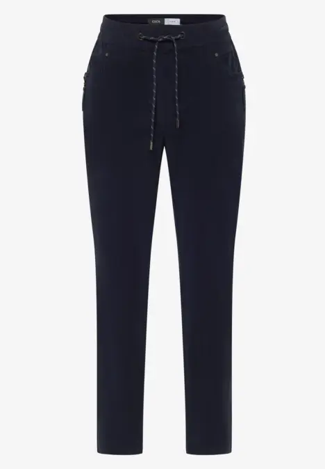 Dunkelblaue Hose mit elastischem Bund, Kordelzug und seitlichen Taschen.