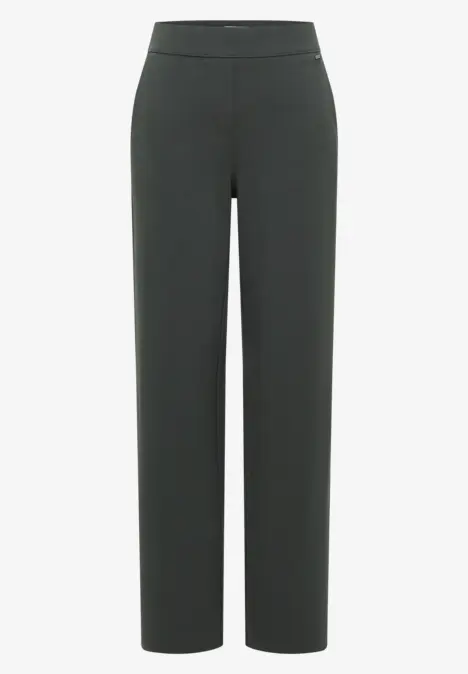 Schwarze gerade geschnittene Hose mit hohem Bund und klassischem Design.