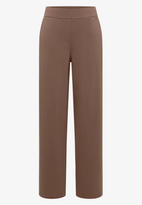 Bruine, recht gesneden broek met hoge taille en wijd uitlopende pijpen.