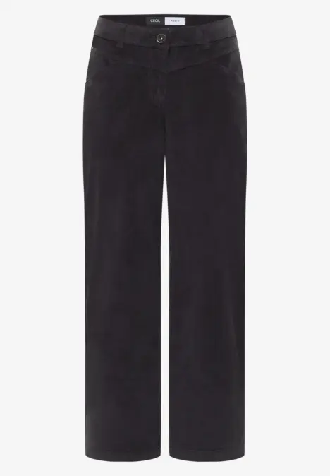 Zwarte corduroy broek met rechte pijpen, tailleband met lussen en zijzakken.