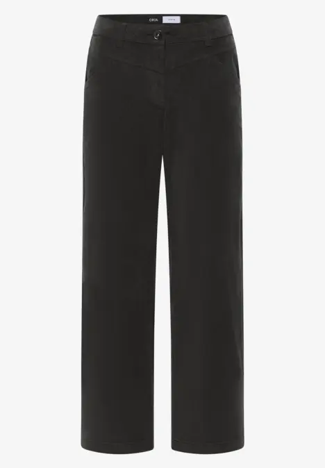 Schwarze, locker geschnittene Hose mit weitem Bein und gerader Silhouette.