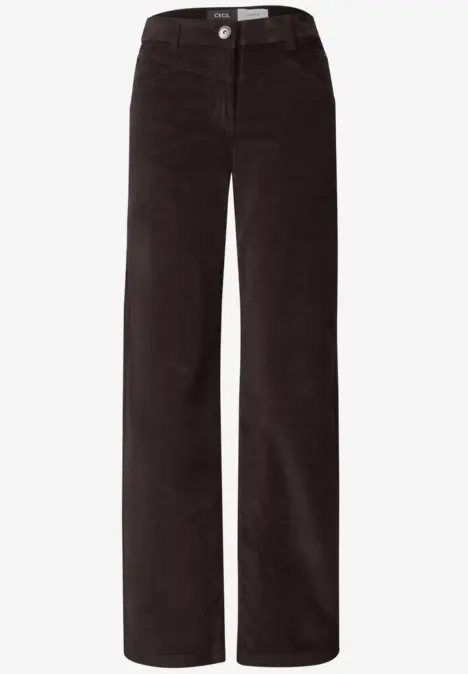 Schwarze Cordhose mit weitem Bein, hoher Taille und Knopfverschluss.