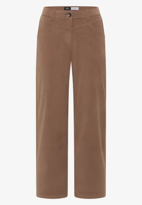 Braune Cordhose mit weitem Bein und hoher Leibhöhe.