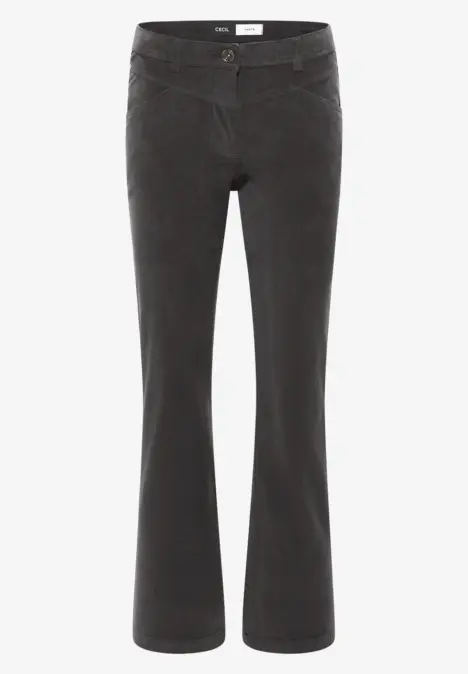 Schwarze Cordhose mit ausgestelltem Bein und Bund mit Knopfverschluss.
