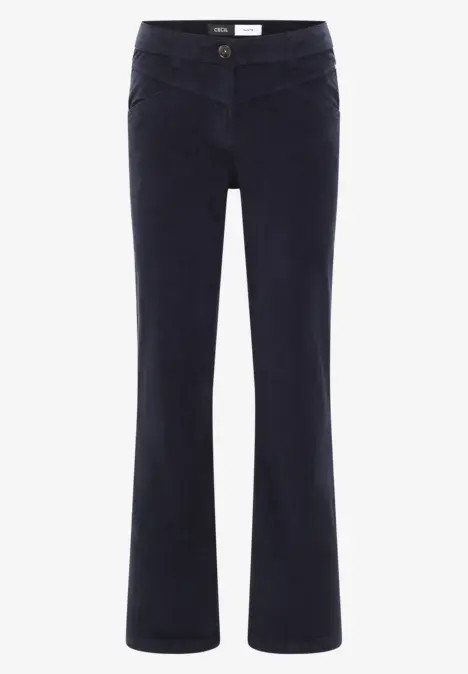 Dunkelblaue Damenhose mit leicht ausgestelltem Bootcut-Schnitt, Taschen und Knopf- sowie Reißverschluss.