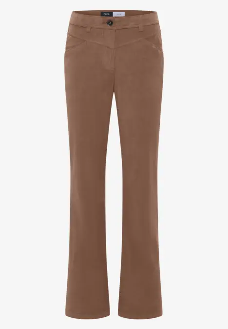 Helle braune Damenhose mit ausgestelltem Bein und mittlerer Taille.