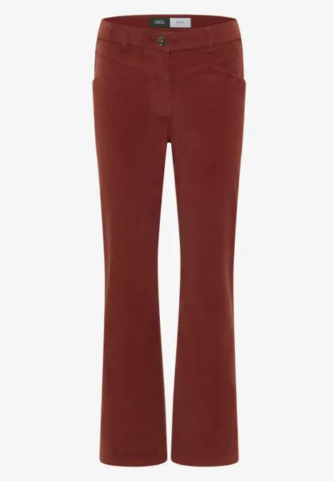 Rostrote Cordhose mit ausgestelltem Bein und Bund mit Knopfverschluss
