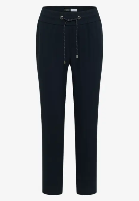 Zwarte casual broek met tunnelkoord en trekkoorden, rechte pasvorm.