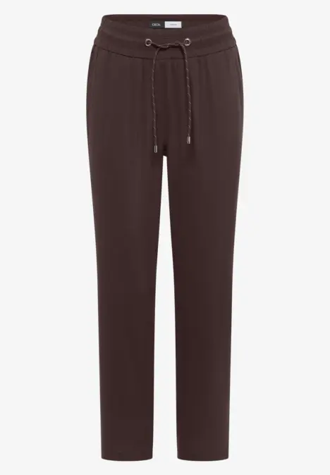 Braune Damenjogginghose mit Kordelzug, elastischem Bund, geradem Bein und seitlichen Taschen.