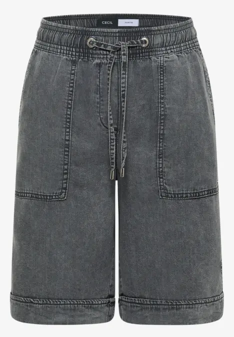 Lässige schwarze Denim-Shorts mit elastischem Bund, Kordelzug und aufgesetzten Taschen.