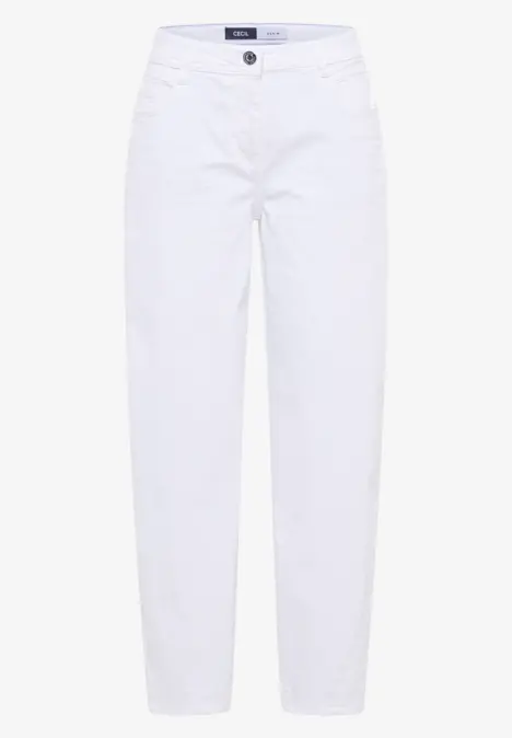 Weiße Damenjeans mit geradem Schnitt, fünf Taschen und Knopfverschluss.